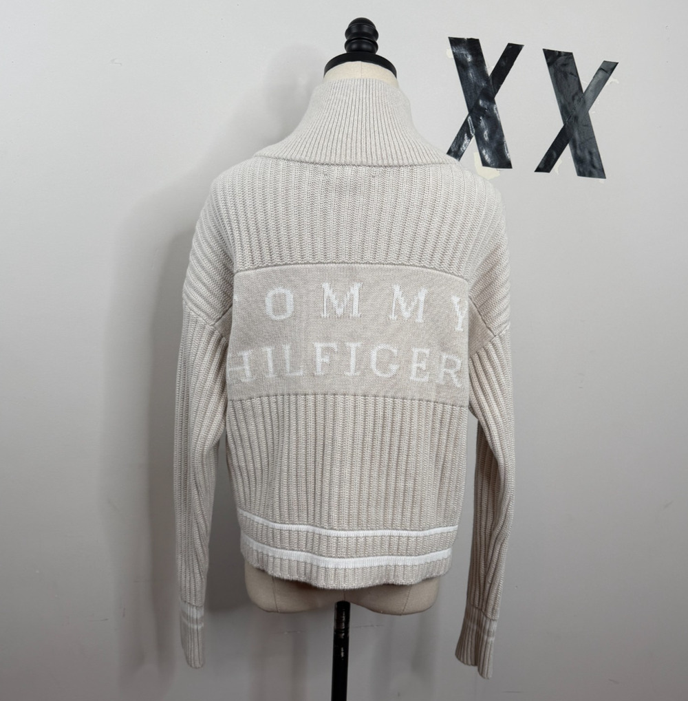 Tommy Hilfiger Ivory Ribbed Cotton Mock Neck Shoulder Zip Logo Boxy Sweater S